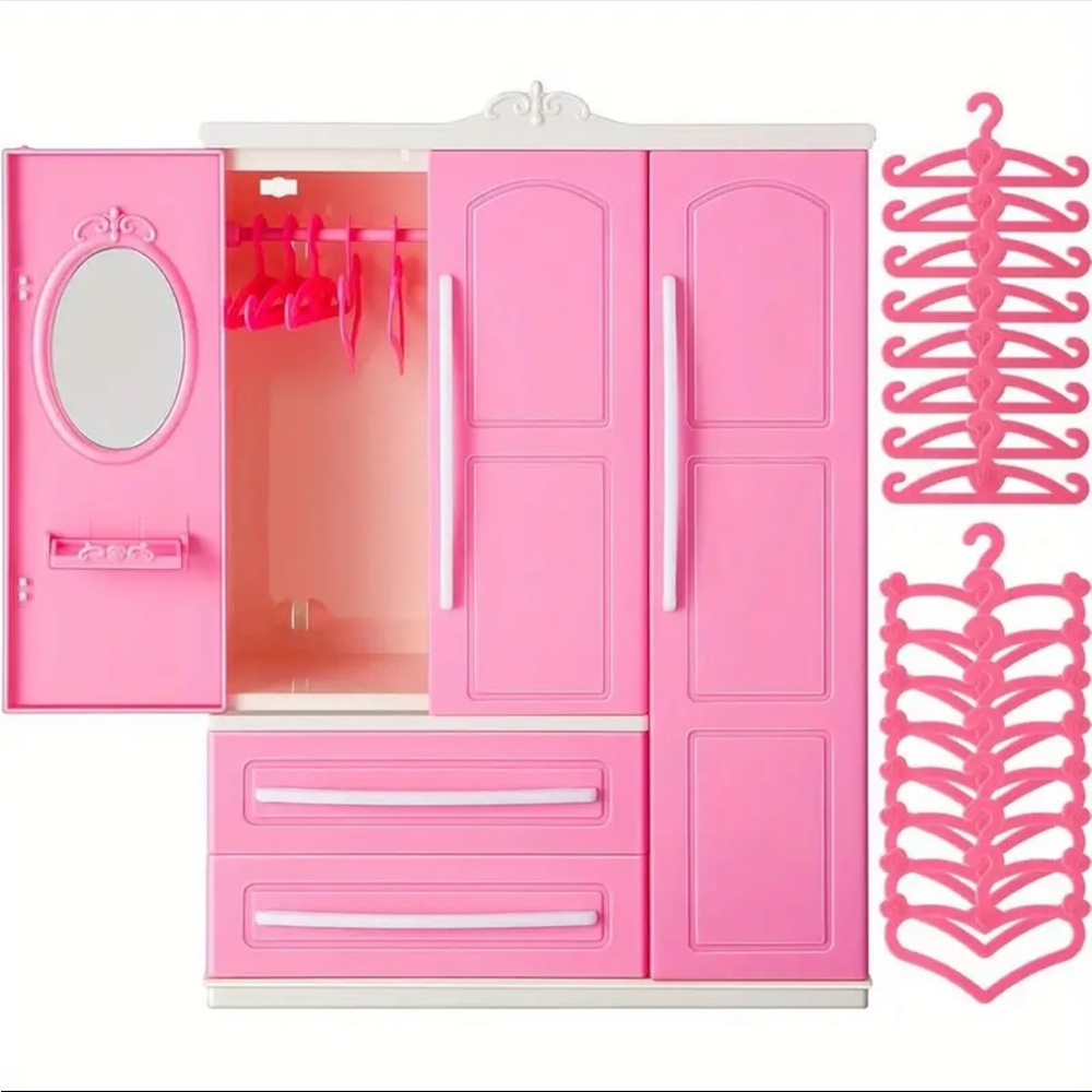 Pink Dollhouse Closet Open Wardrobe Clothing 20pcs- 2 Style Pink Plastic Hangers